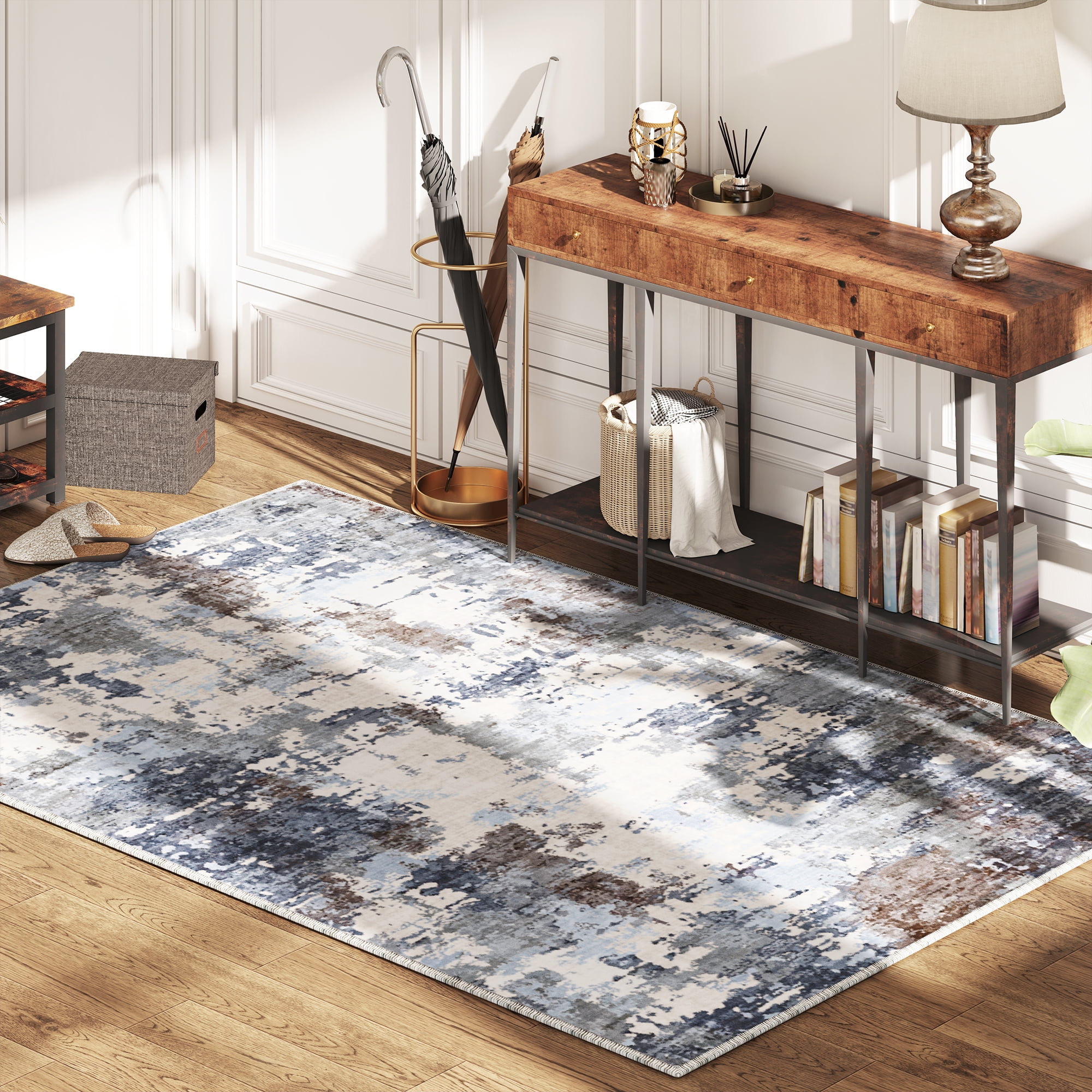 EnHomee Area Rug for Living Room 4x6 Area Rugs for Bedroom Modern Abstract Rug with Rubber Backing Non Slip Washable Persian Carpet, Blue Gray