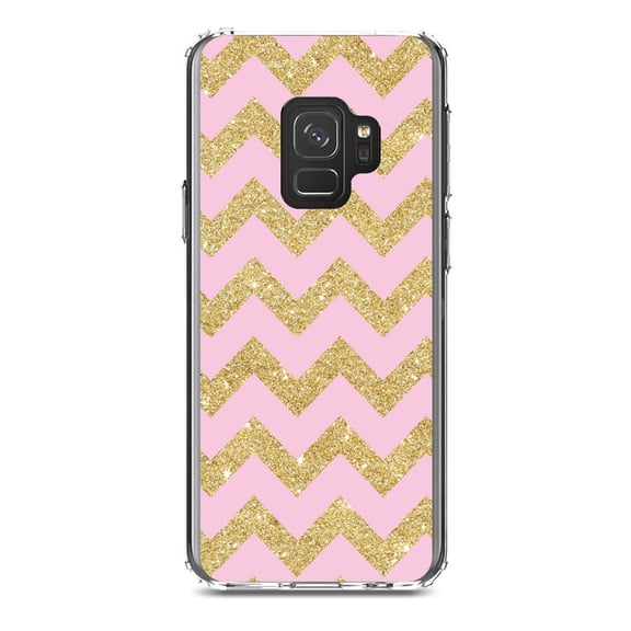 DistinctInk Clear Shockproof Hybrid Case for Samsung Galaxy S9 (5.8" Screen) - TPU Bumper, Acrylic Back, Tempered Glass Screen Protector - Pink & Gold Print - Chevron Pattern