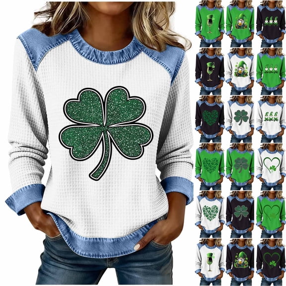 Wiyuqeen Womens St. Patrick's Day Sweatshirts Denim Patchwork Waffle Knit Pullover Tops Long Sleeve Crew Neck Graphic Tees