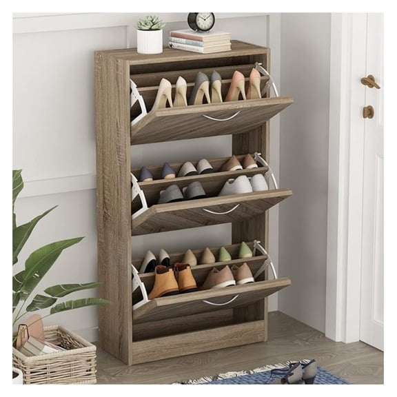 Modern Shoe Storage Cabinet with 3 Drawers & Twill Louver Doors, Wood 3-Tier Shoe Rack Storage Organizer for Entryway, Hallway & Bedroom, Brown (22.4”L x 9.4”W x 42.3”H)