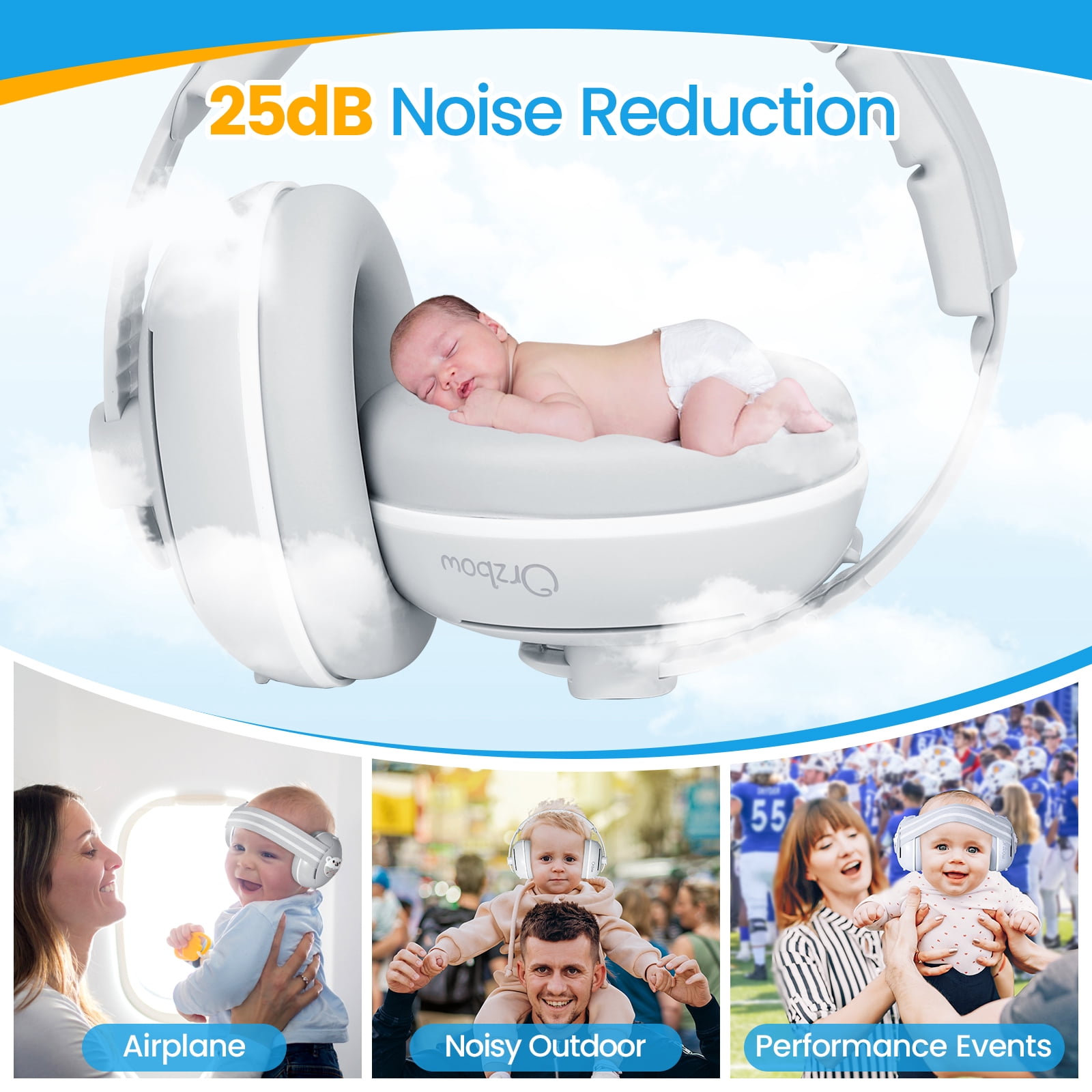 Orzbow Baby Noise Cancelling Headphones with Cute Bear Design for Babies Infant up to 48 Months, Ear Muffs Noise Protection with Non-Slip Band for Airplane Travel Sleep, Gray Bear