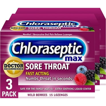 Chloraseptic Max Strength Sore Throat Lozenges, Wild Berries, 15 Count, 3 Pack