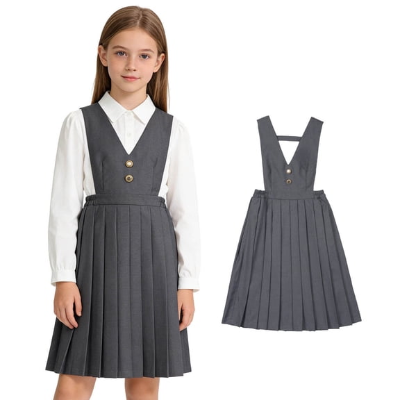 Girls School Uniform Dress V-Neck Jumper Dress Pleated Skirt Summer Girls Grey Uniform Skirt Girls Back to School Outfit 17-18 Years