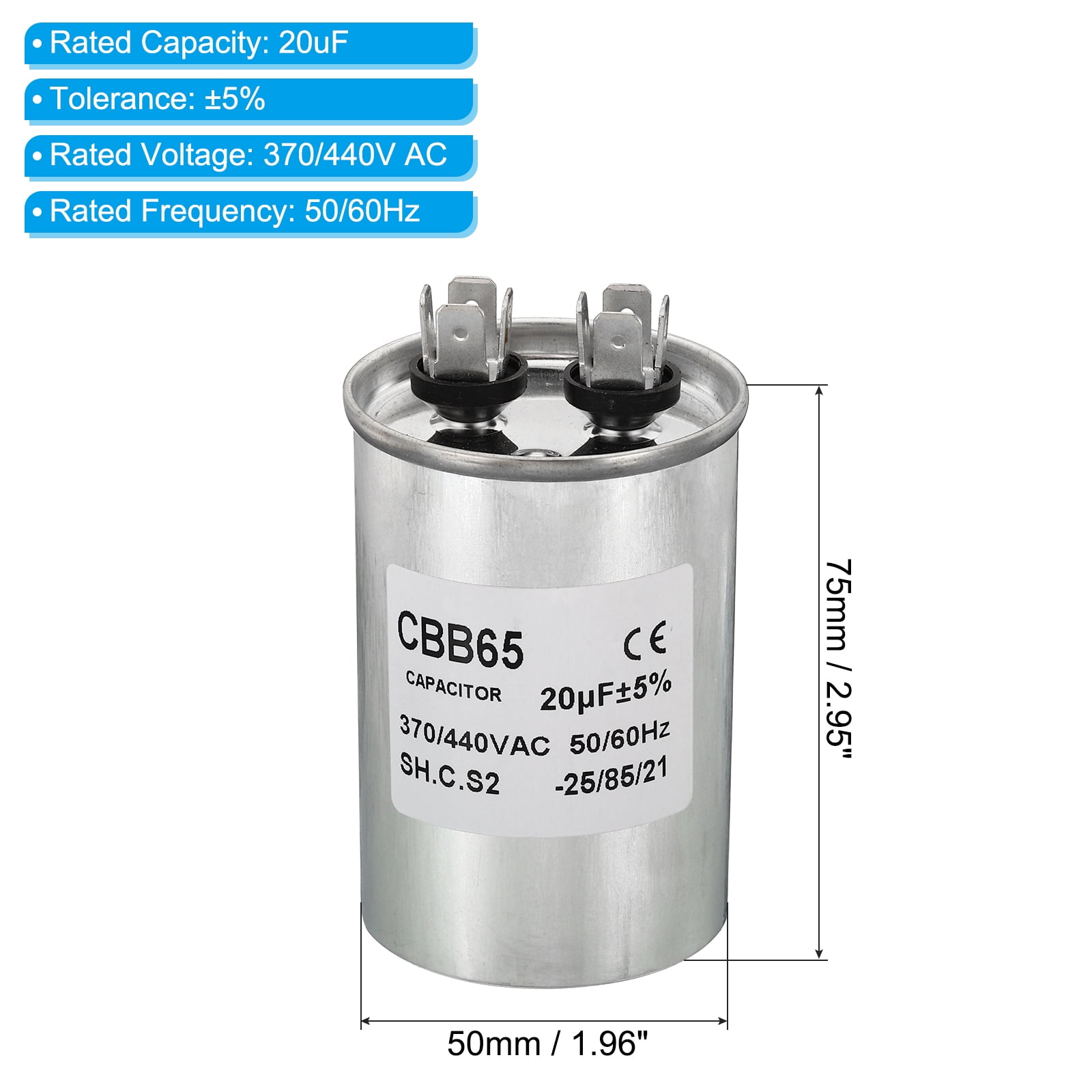 Uxcell CBB65 20uF Run Capacitor,20mfd 2Pcs AC 370/440V Aluminum Case with 2 Terminal