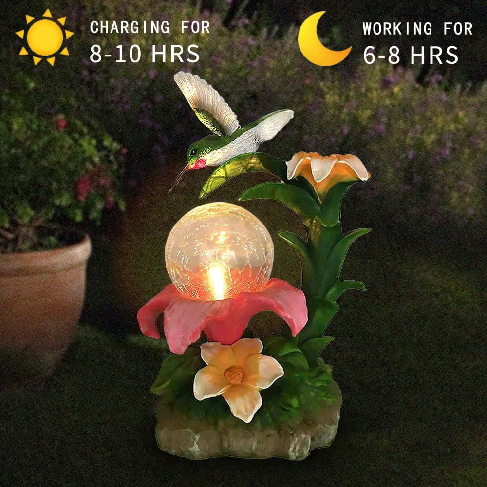 Resin Hummingbird Solar Light with Flower Garden Decorations,Waterproof Statues and Figurines Light Garden Art for Patio Lawn Yard Decorations (Resin Hummingbird Solar2)