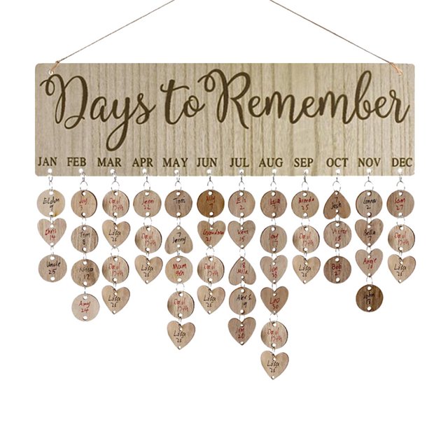 Calendario de madera signo cumpleaños vacaciones seguimiento calendario calendario decoración del hogar DIY artesanía colgante D + 50 círculos + 50 corazones A7 ANGGREK Otros