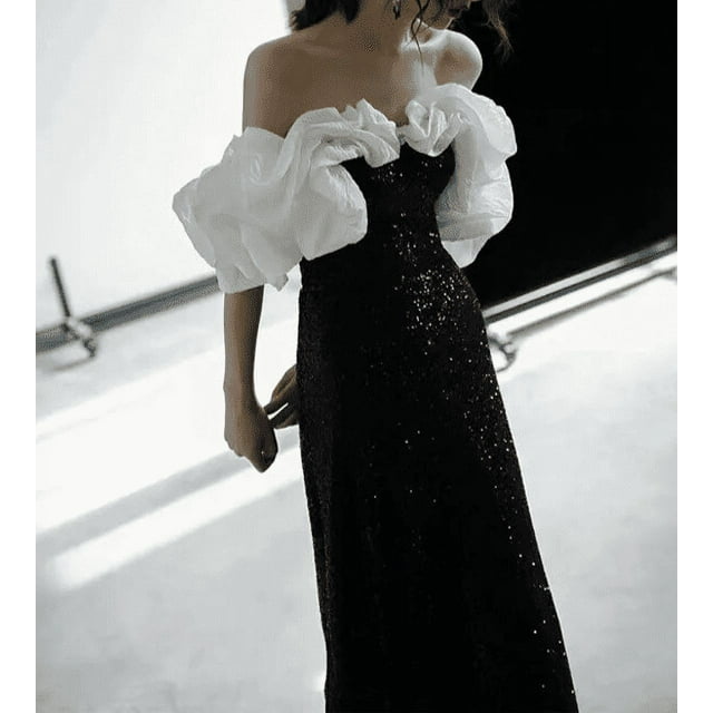 Prom Dresses Boat Neck Mermaid Prom Dress Customize Party Dress - black sequin style / 16W
