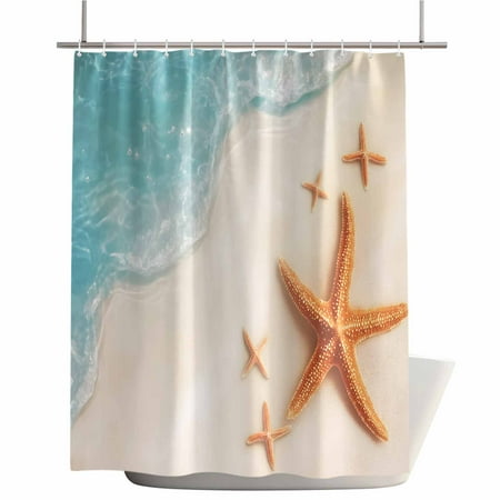 Shower Curtains for Bathroom-36"x78",Summer Ocean Beach Starfish Sea Wave Waterproof Bath Curtain Grommet Shower Curtain Set with Hooks,Coastal Seaside Sand Washable Bath Accessories