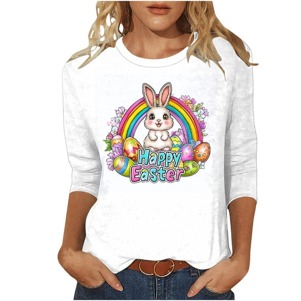 Tops de Cuello Redondo para las Mujeres Blusas Casuales 3/4 Manga Estampado de Carnaval Camiseta de Moda de Verano