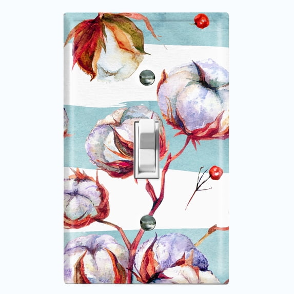 Metal Light Switch Plate Cover Cotton Flower Teal Stripes FLW021
