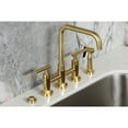 thumbnail image 4 of Kingston Brass KS8287CMLBS Manhattan Two-Handle 4-Hole Deck Mount Bridge Kitchen Faucet with Brass Side Sprayer in Brushed Brass, 4 of 8