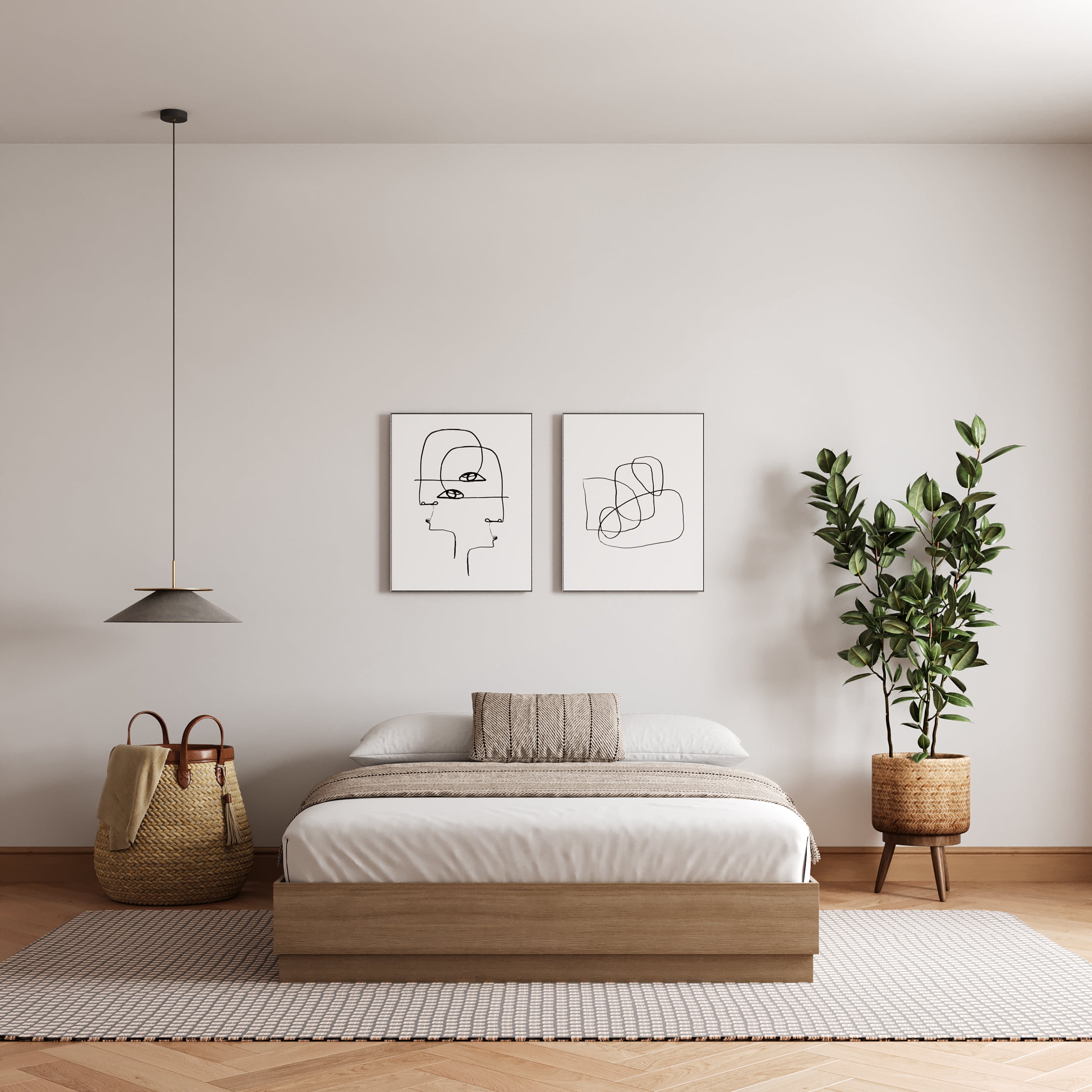Nexera Milano King Size Platform Wood Bed Frame, Brown Oak