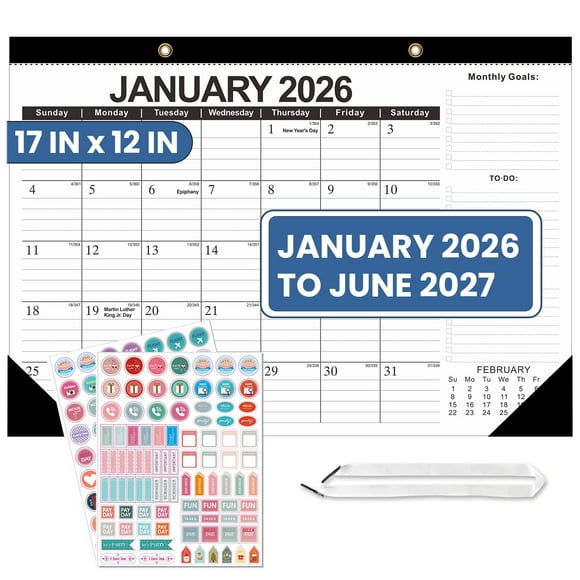 2026-2027 Desk Calendar, Large 17 x 12 Inch Monthly Planner, January 2026 - June 2027, Wall or Desk Calendar for Home & Office, with Notes Section and Ruled Blocks (Black)