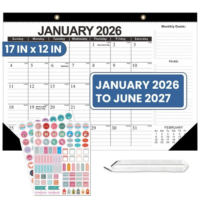 2026-2027 Desk Calendar, Large 17 x 12 Inch Monthly Planner, January 2026 - June 2027, Wall or Desk Calendar for Home & Office, with Notes Section and Ruled Blocks (Black)
