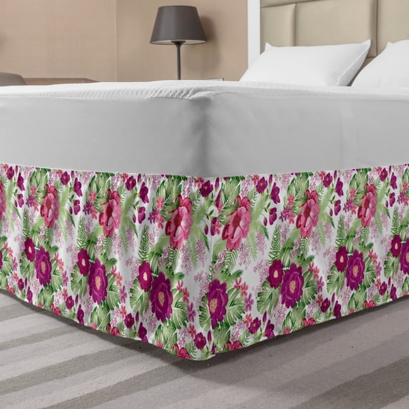 Exotic Bed Skirt, Tropical Plant Monstera Hibiscus Flower Coconut Palm Leaf Summer Bouquet, Elastic Bedskirt Dust Ruffle Wrap Around for Bedding Decor, 4 Sizes, Pink Purple Fern Green, by Ambesonne