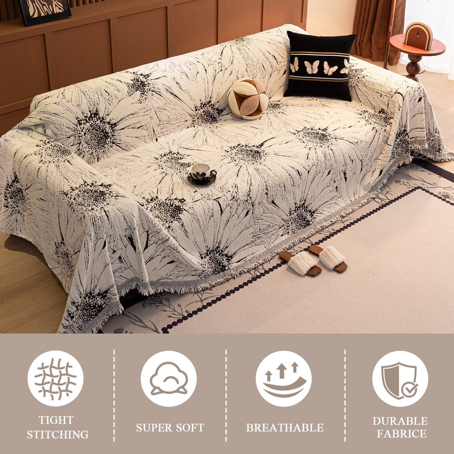 NAYOROOM Artistic Black White Sunflower Couch Cover, Chenille Sofa Cover Slipcover Sofa Towel Furniture Cover（71"x 134"）