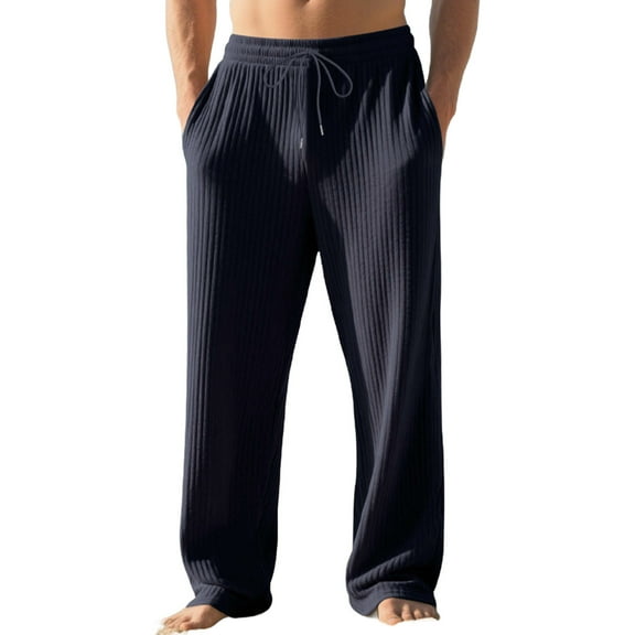Wdfiry Men's Pants Casual Fashion Straight Wide Leg Pants Solid Color Drawstring Plus Size Beach Trousers