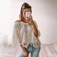 thumbnail image 4 of Women Lace Embroidered Blouse Batwing Short Sleeve Peplum Loose Casual Top Khaki XL, 4 of 7