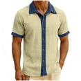 thumbnail image 1 of Camisas de Manga Corta de los Hombres de Color Sólido Casual Girar Cuello con Botones Patchwork Top de Verano, 1 of 4
