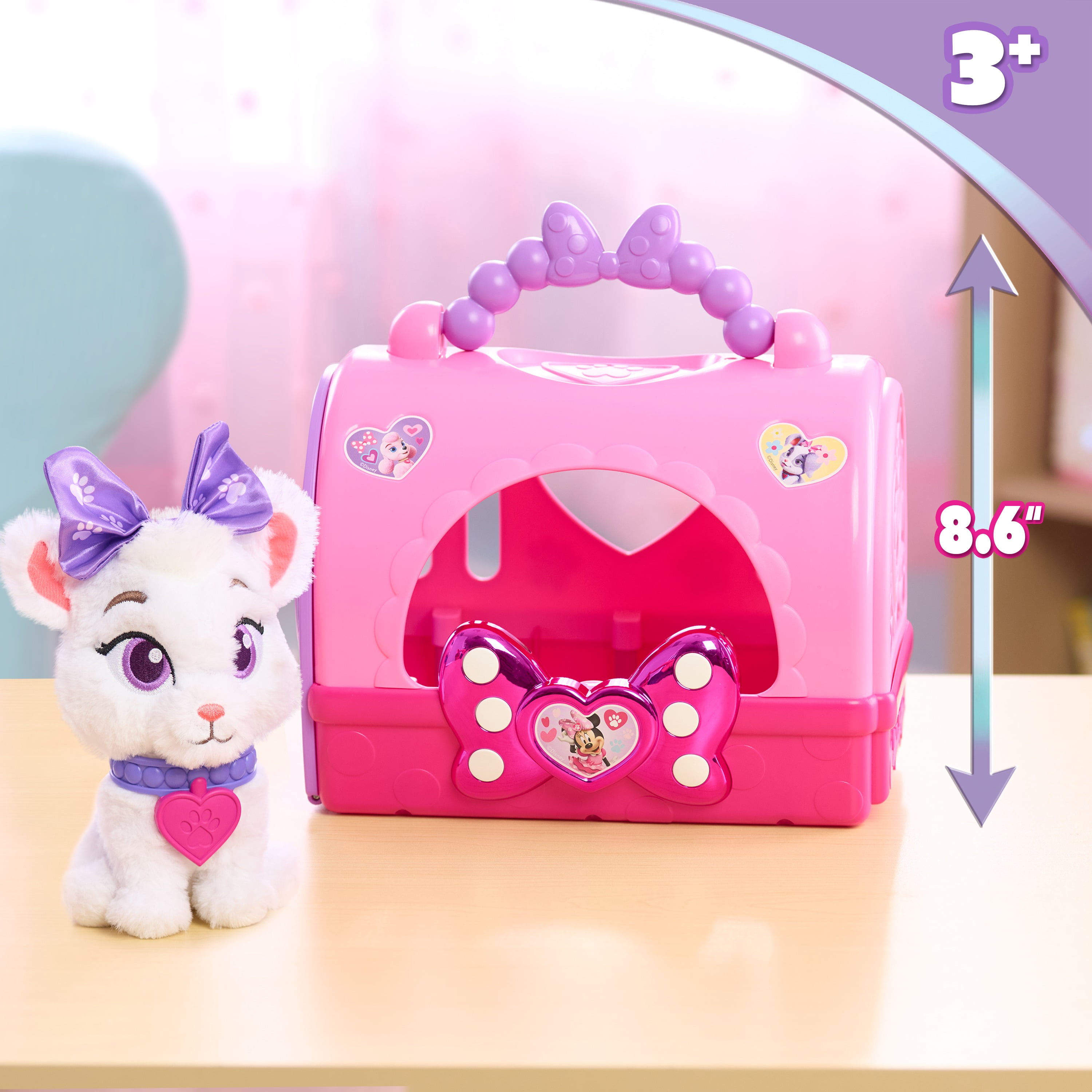 Disney Jr. Minnie Mouse Pampered Paws Pet Carrier, 7-Piece Role-Play Set with Plush Kitty, Collar, Brush and Accessories, Ages 3 Years and up