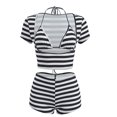 thumbnail image 5 of Arlun Women’s 3 Piece Stripe Outfits Short Sleeve Cut out Crop Top and Sleeveless Cami Bodycon Mini Shorts Set Y2k Color Block Stretchy Slim Fitted Summer Beach Party Matching Sets Black XL, 5 of 7