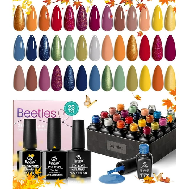 Set de esmaltes de uñas en gel Beetles Fall, 20 colores, con base y capa superior