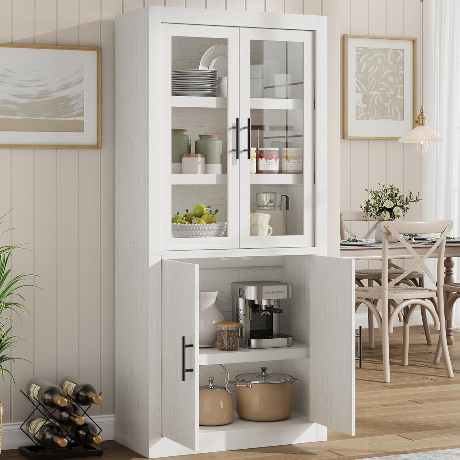 Garvee Farmhouse Pantry Cabinet, 2 Glass Doors & 2 Wood Doors, 30 x 14.5 x 70.4", White