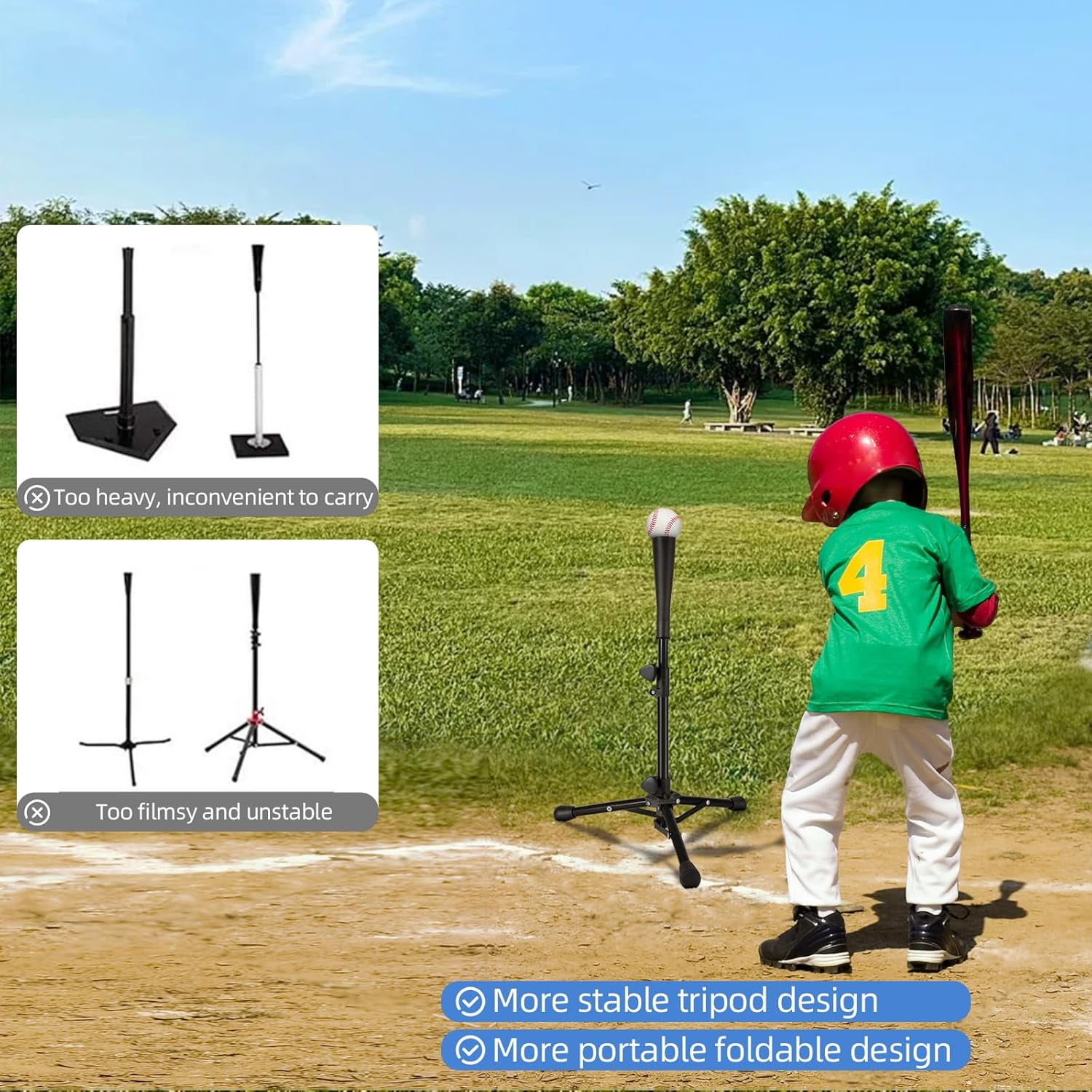 Baseball Tee For Kids, Easy Adjustable Batting Tee From 20.85 to 31.30 Inches. Black Foldable Baseball Tees for Hitting with Portable Bag. Softball Tee for Children Aged 3-10 Baseball Training