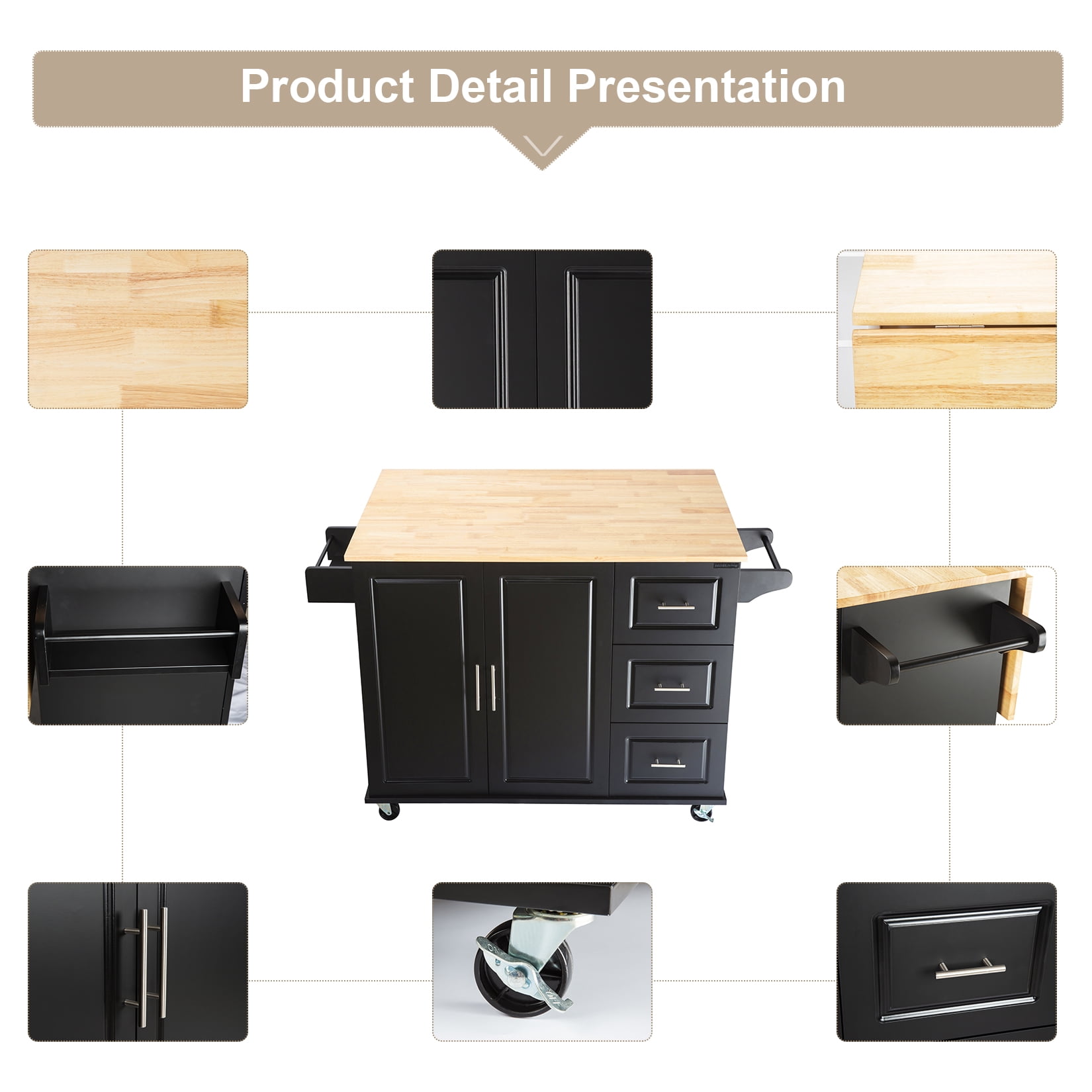 Kitchen Island Cart with Rubber Wood Top, Black