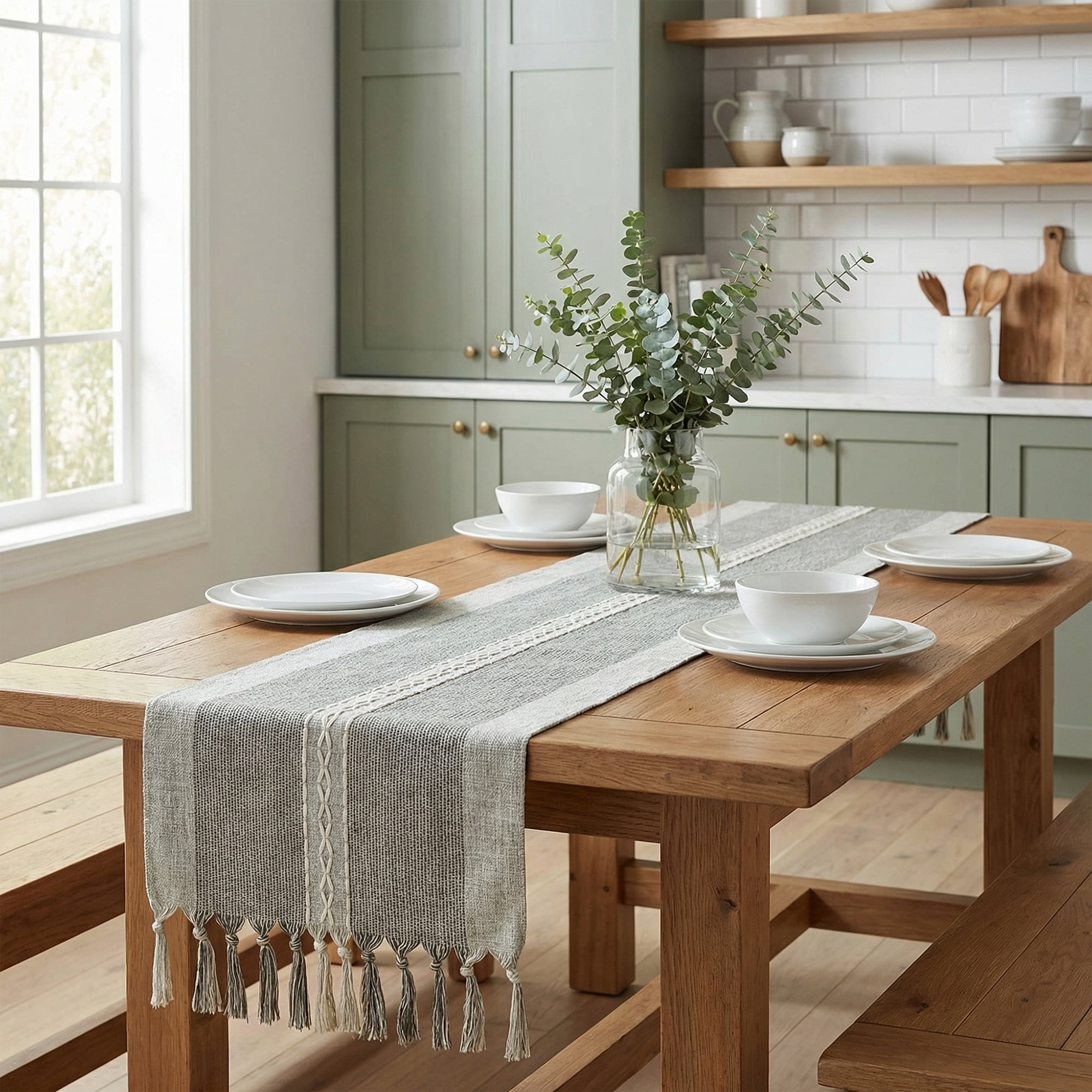 Unique Bargains Home Decorations Tassel Polyester Kitchen Runner Gray 13x72in