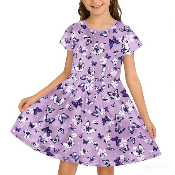 Trendfront Girls Dress Crew Neck Short Sleeve Cartoon Print Casual Summer Party Princess Gown 4-14 Years