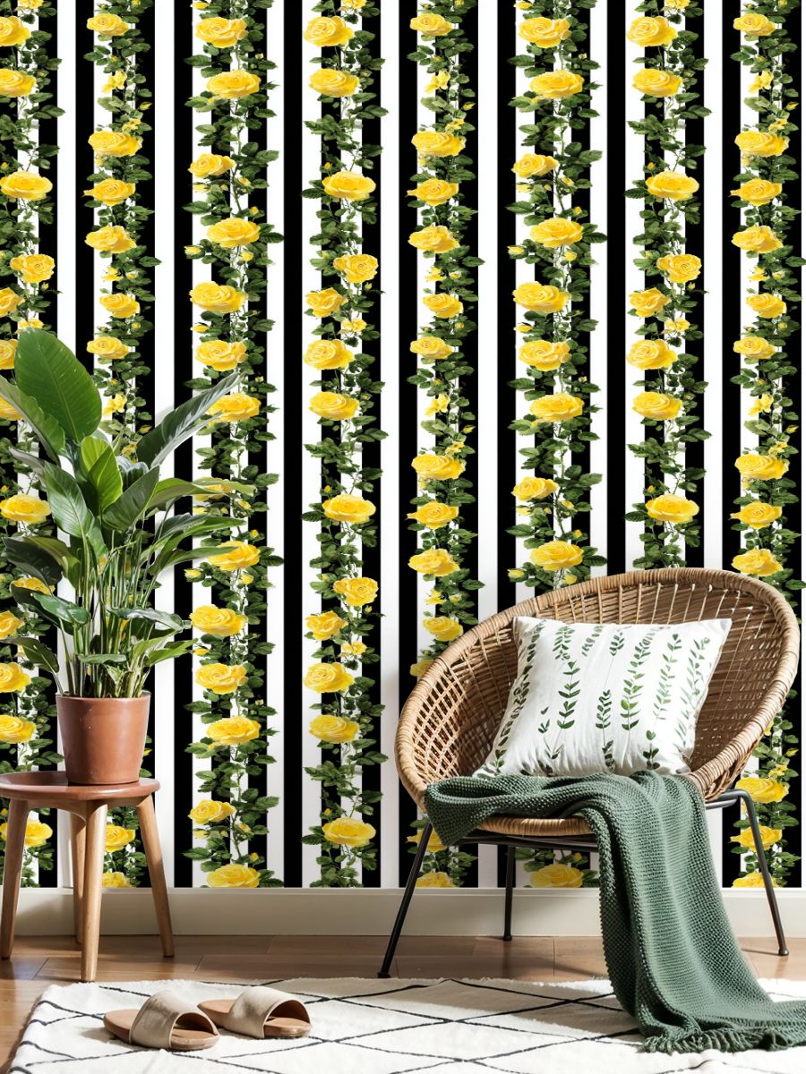 Flower Peel and Stick Wallpaper 23.6in x 9.8ft Yellow Roses Black White Striped Contact Paper Vinyl Waterproof Self Adhesive Wall Paper for Bedroom Shelf Cabinet Renter Friendly