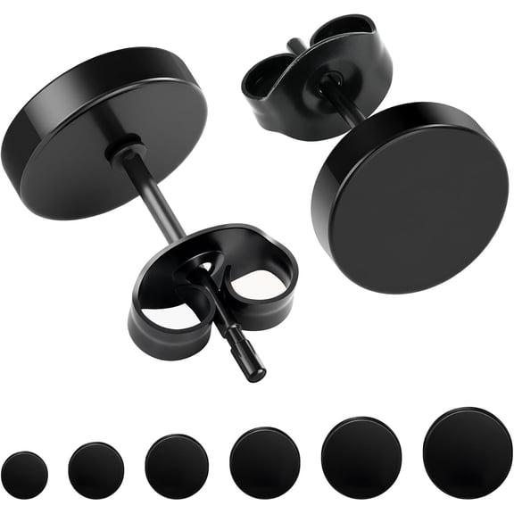 Hypoallergenic Black Stud Earrings for Men Women: 6 Pairs Flat Back Stainless Steel Cartilage Piercing Ear Tunnel 5mm-10mm