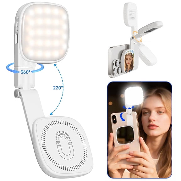 IC ICLOVER Portable Magnetic Selfie Light, 360° Foldable Ring Light with Mirror, 3 Light Modes & 10 Brightness, 1000mAh, MagSafe Phone Light for Selfies/Photography/TikTok/Zoom Calls/Video Conference