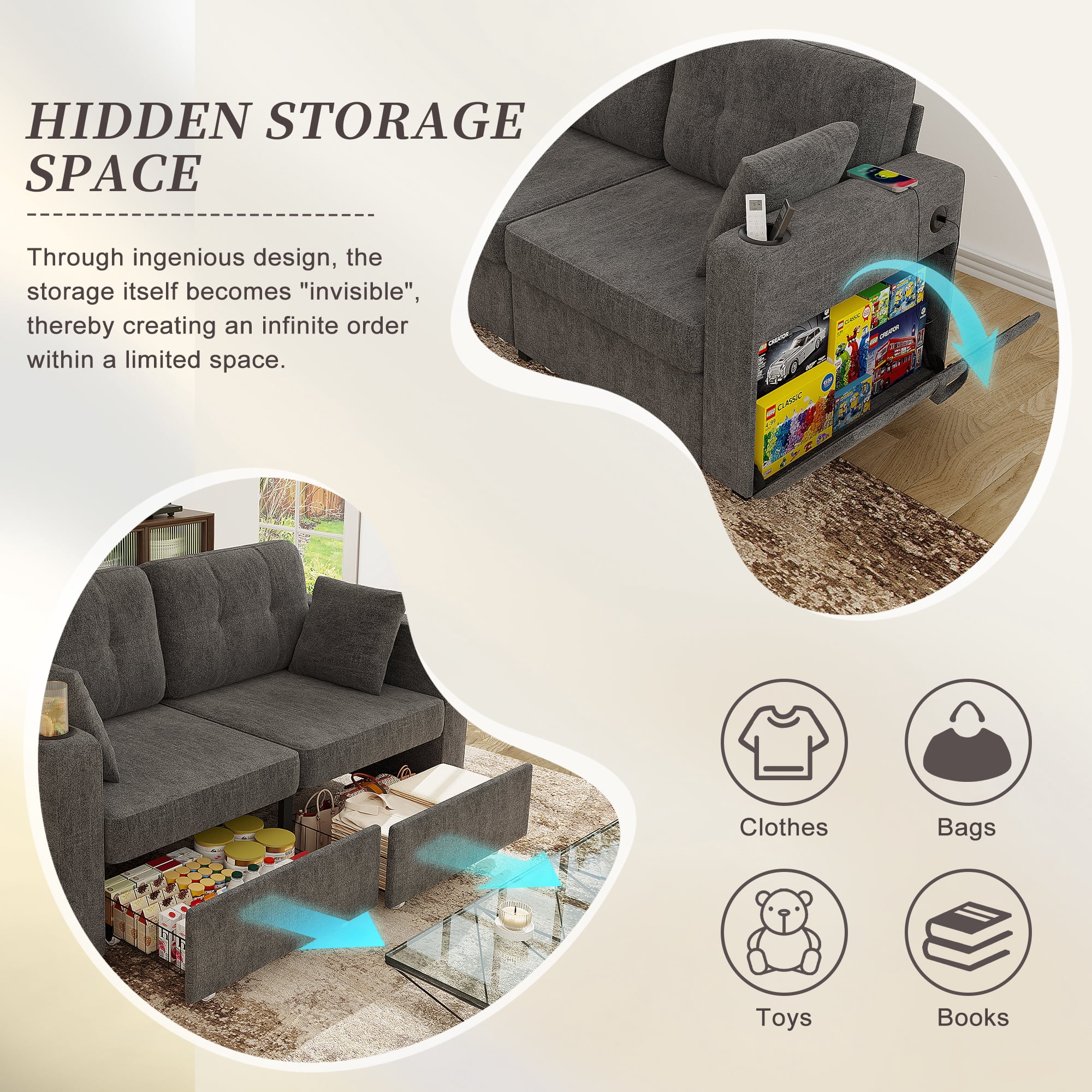 68" Chenille Two Seater Couch, Living Room Loveseat with Usb Charging, Upholstered Loveseat with Storage for Living Room, Gray