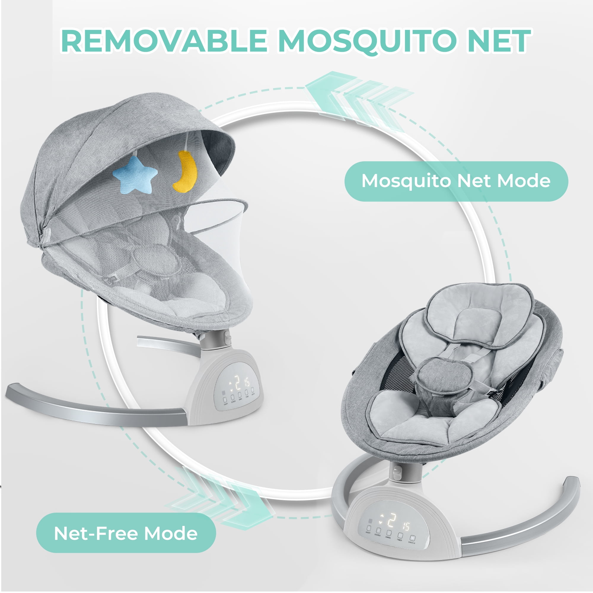 Baby Swing for Infant, HDJ Portable Electric Baby Swing with Music Playing, Touch Screen, Remote Bluetooth Control, Grey