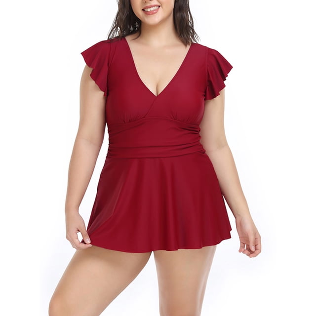 xiaxaixu Ensemble Bikini Grande Taille pour Femmes Manches Volantes Col en V Robe Trapèze + String Couleur Unie