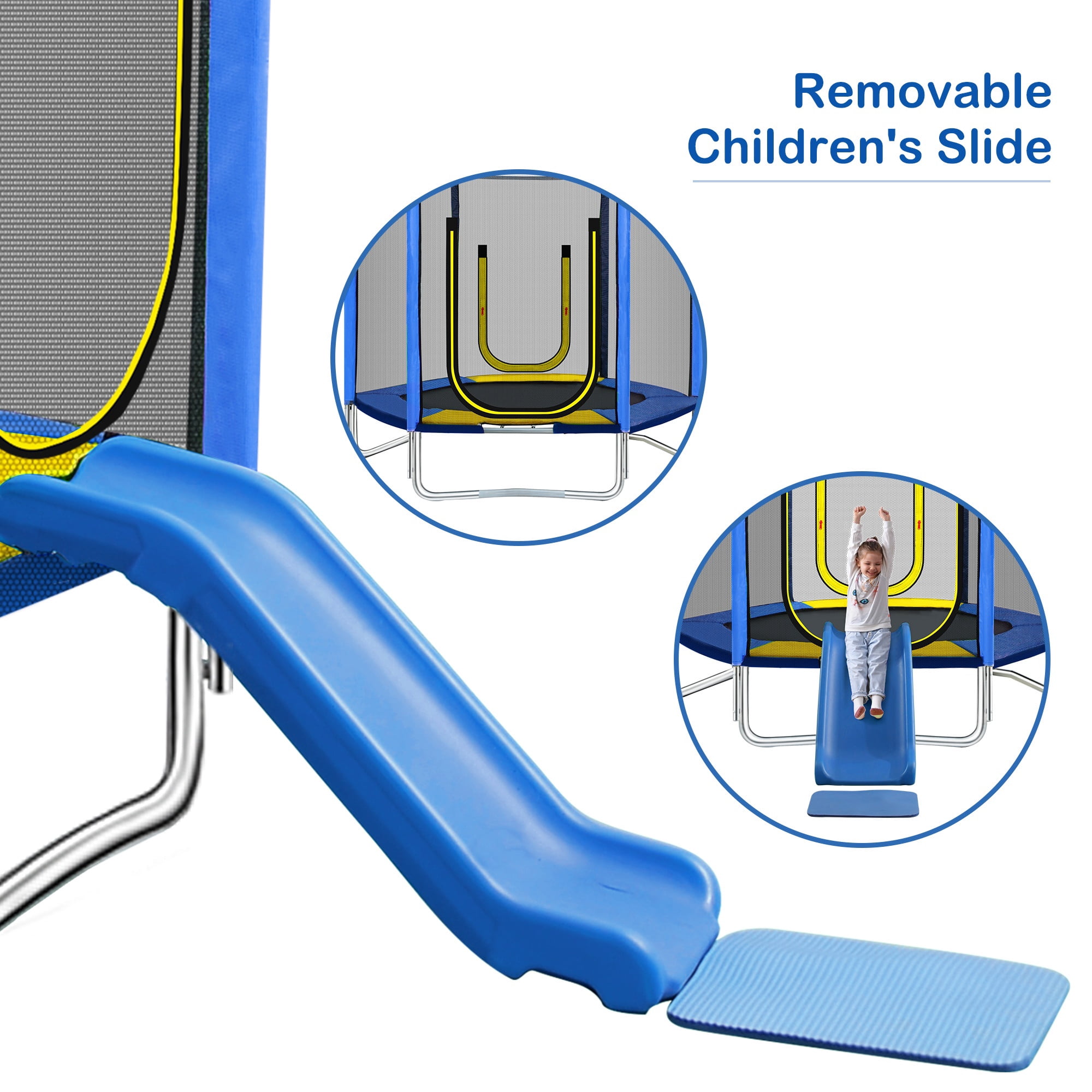 7ft Trampoline for Kids, Trampoline with Safety Enclosure Net, Outdoor Trampoline with Slide & Ladder and Soft Pad, 220lbs Capacity, Easy Assembly, Indoor Use, Blue