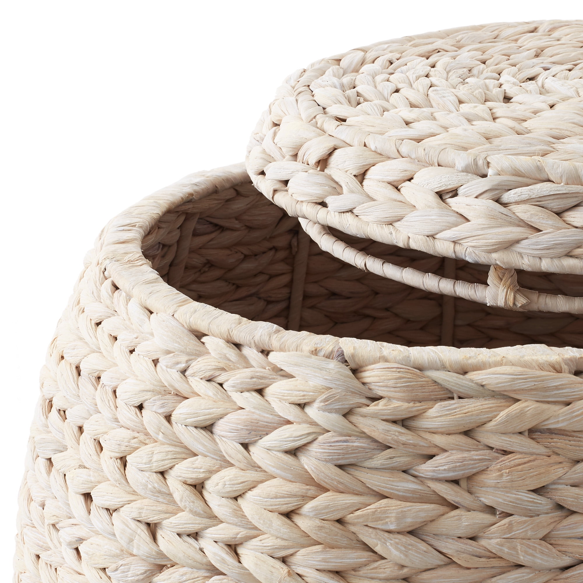 Casafield Round Storage Basket with Lid, Whitewash White - Handwoven Water Hyacinth Hamper Organizer for Laundry, Blankets, Plants
