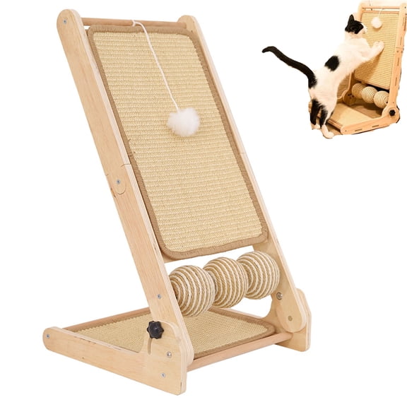 L Shaped Cat Scratcher,Sisal Corner Cat Scratch Pad with Ball Toy,180° Adjustable Vertical Scratching Board,Wooden Cat Scratching Post for Indoor Cats Couch Furniture Protector