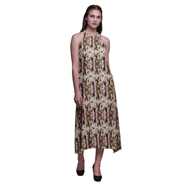 Bimba Robe de Plage d'Été pour Femmes, Dos Nu, Col Licou, Imprimée Teinture sur Nœuds - Medium