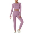 thumbnail image 3 of Jinhomg Long Sleeve Knit Outfits for Women Thumbhole Crew Neck Crop Tops with Tummy Control Leggings Fitted 2 Pieces Sets Purple S, 3 of 8