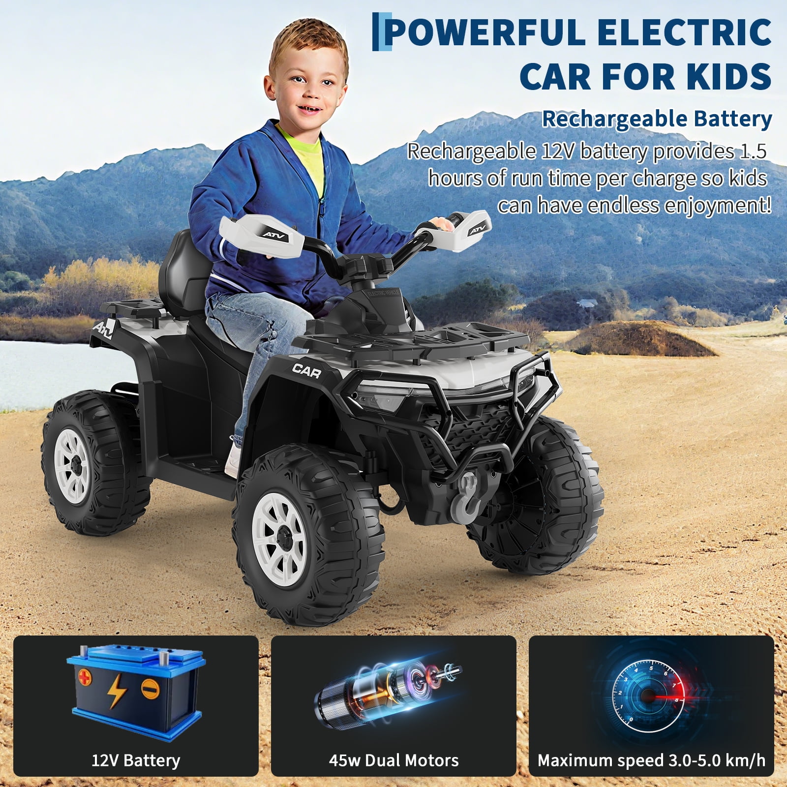 Garvee 12V Kids Ride On ATV,3 Variable Speeds,with Parent Remote Control,LED Headlights,Music,White