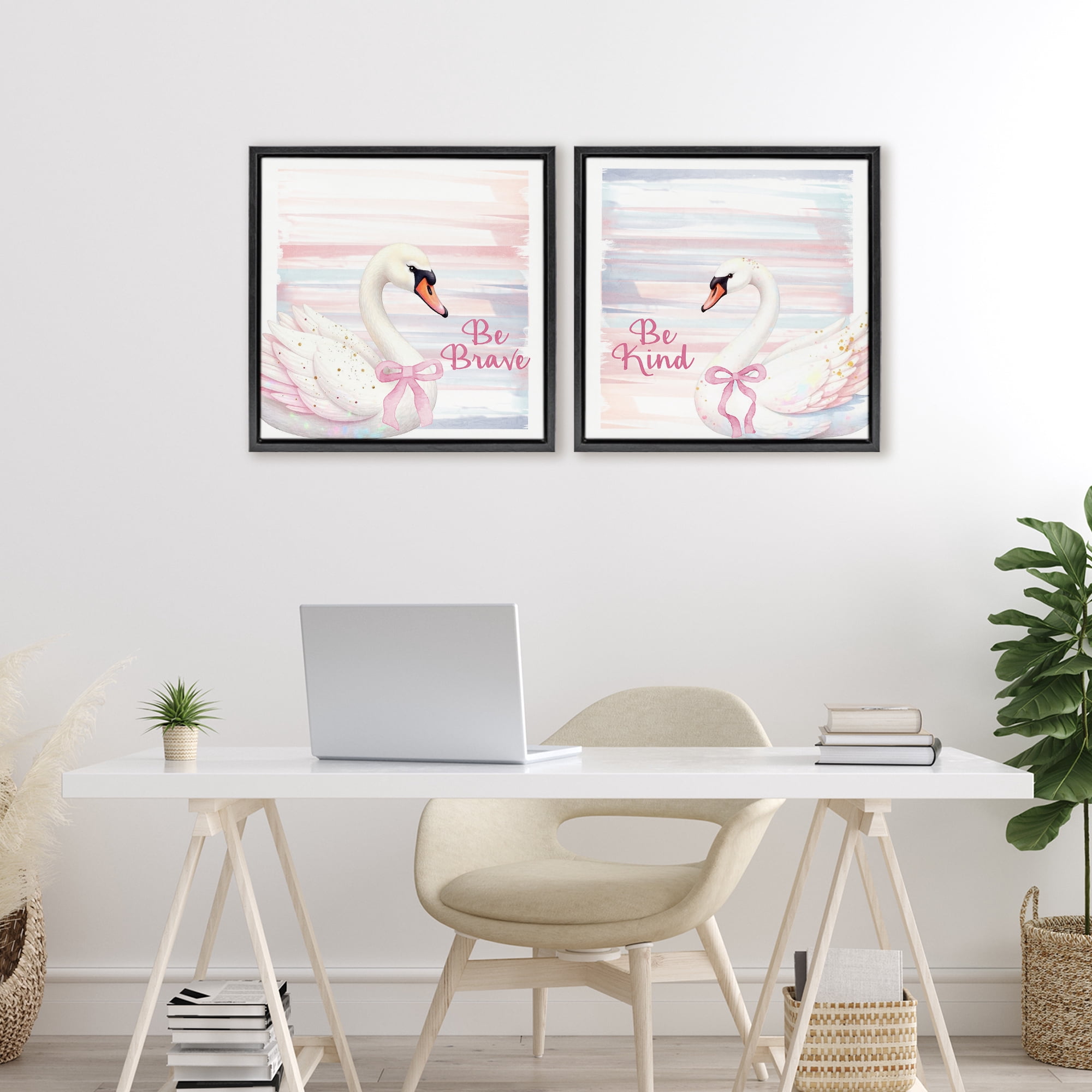Be Brave & Kind Pastel Swan 2 Piece Black Framed Floater Canvas Set, design by Kim Allen