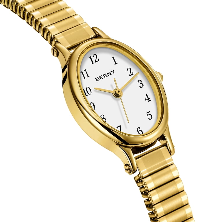 Gold-Tone Women\'s Oval Dial Stretch Bracelet Watch BERNY Small Gold Watches for Women, Dainty Luxury Oval Dial  main image 4
