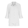 thumbnail image 4 of ShomPort Women's Cotton Linen 3/4 Sleeve Lapel Shirts Two Piece Work Set Elastic Waist Wide Leg Shorts with Pockets, 4 of 6