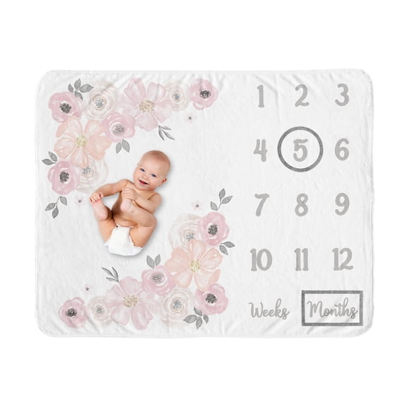 Sweet Jojo Designs Watercolor Floral Pink and Grey Fleece Milestone Baby Blanket 3 Piece Set