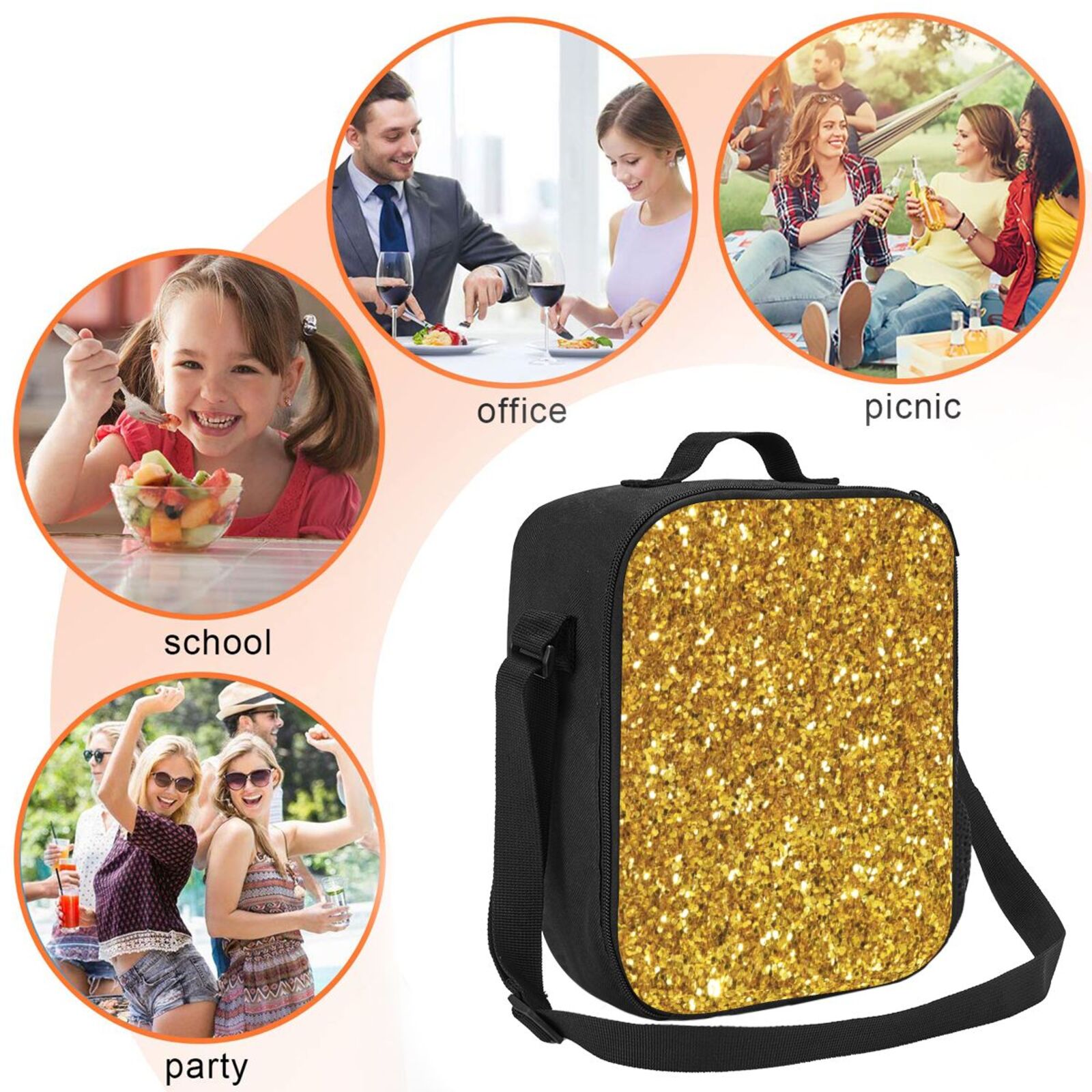 Ratiio Gold Glitter Print Lunch Box - Reusable Lunch Bag Men Adult Women- Insulated LunchBox