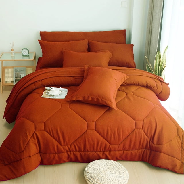 HIG Juego de Edredón Moderno de 8 Pzas con Sábanas para Todas las Estaciones, Cama en una Bolsa, Terracota, Tamaño Queen