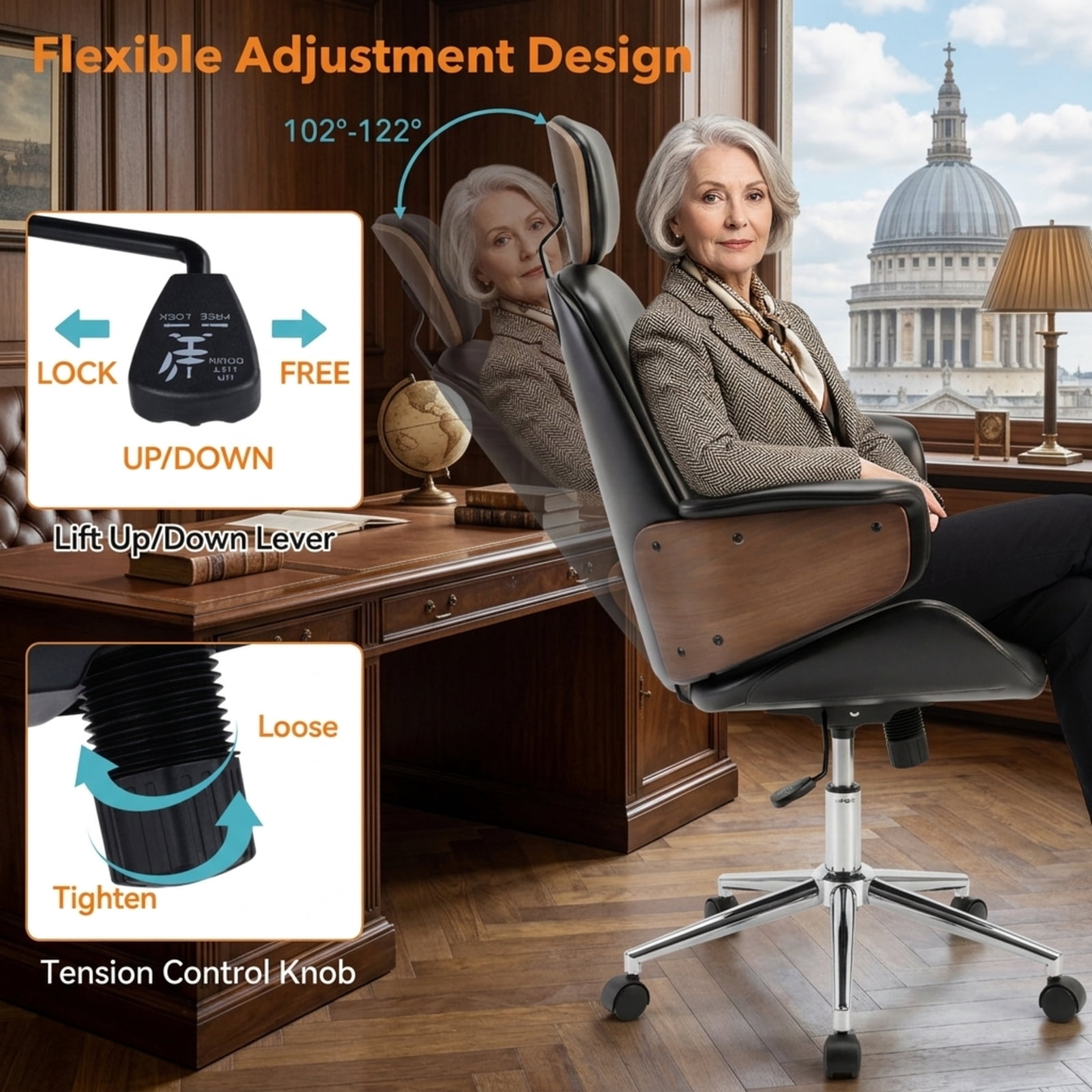 Furnibear Ergonomic Office Chair High Back Faux Leather Computer Chair with Adjustable Headrest Rocking Backrest and Curved Arms, Black